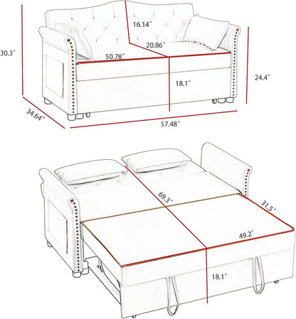 57" Velvet Pull-Out Sofa Bed, 3-in-1 Convertible Loveseat with Gold Trim Strips and Adjustable Backrest, Perfect for Living Rooms, Offices and Apartments (Pink)