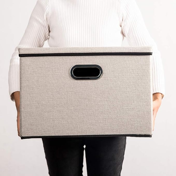 PRANDOM Large Foldable Storage Bin with Lid [1-Pack] Linen Fabric Decorative Storage Box Organizer Container Basket Cube with Handles Divider for Closet Office Living Room Light Grey(17.7x11.8x11.8)