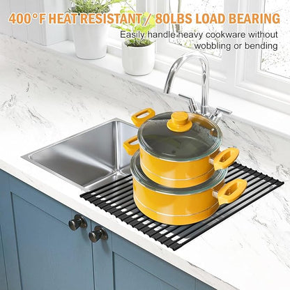 LEMIKKLE Roll Up Dish Drying Rack 17" x 13", Over The Sink Dish Drainer Rack, Foldable Sink Drying Rack, Anti-Slip Silicone Wrapped Dish Drainer for Kitchen Counter (Black)