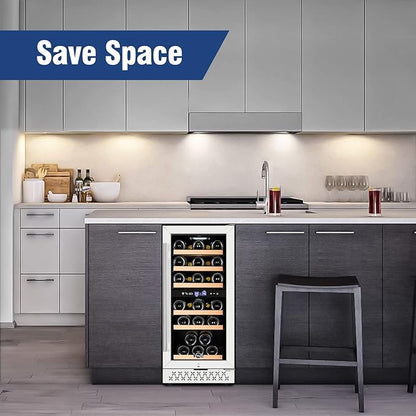 Tylza Mini Fridge 15 Inch Wine Cooler Under Counter, 33 Bottle Dual Zone Wine Fridge with Stainless Steel, Wine Refrigerator Freestanding, Built-in Wine Cellars