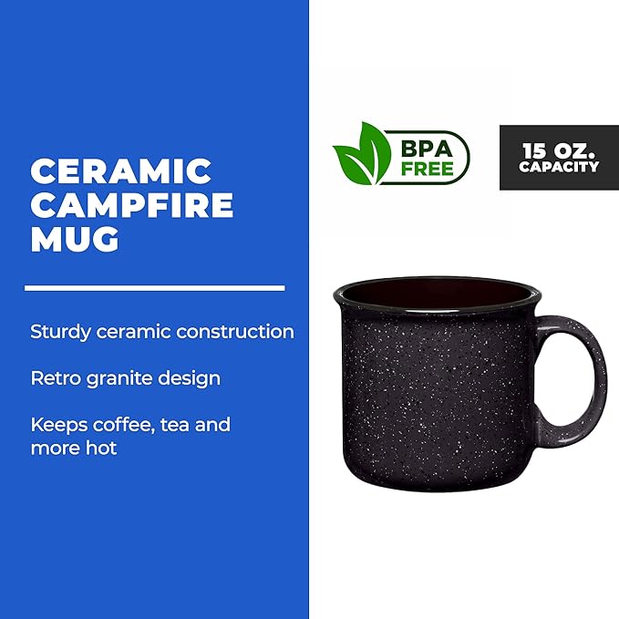 Set of 8 Ceramic Campfire Mugs – 15 Oz, Black – Coffee & Tea Cups for Home, Work, Travel, Camping – Customizable, Great for DIY, Events, Companies