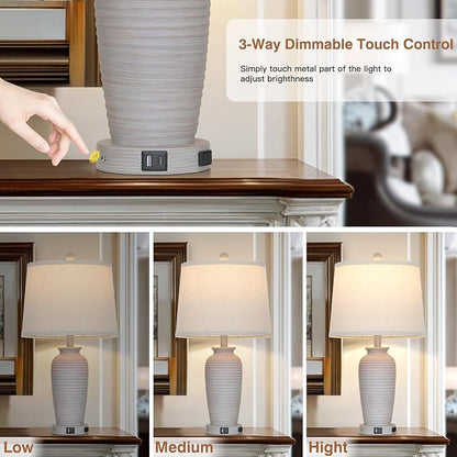 25“ Traditional Table Lamps Set of 2, Bedside Touch Lamp with USB C+A Charging Ports, Rustic Farmhouse Jar Table Lamps for Living Room Bedroom, Side Table Lamp with Beige Fabric Shade, Antique Grey