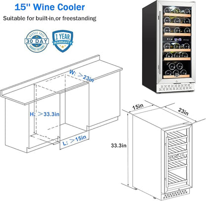 Tylza Mini Fridge 15 Inch Wine Cooler Under Counter, 33 Bottle Dual Zone Wine Fridge with Stainless Steel, Wine Refrigerator Freestanding, Built-in Wine Cellars