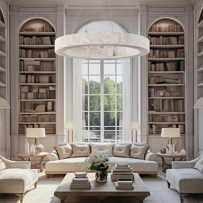 Alabaster Round Chandelier, D30in Modern Marble Dining Room Chandeliers, White Foyer Chandelier for Dining Room Light Fixture, Living Room, Bedroom Lights, Foyer, Kitchen