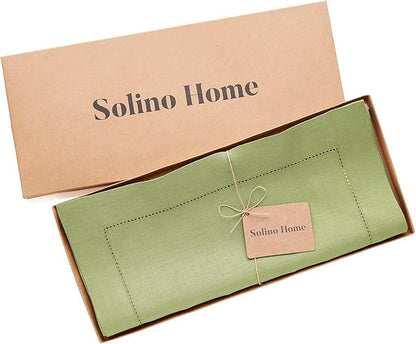 Solino Home Linen Moss Green Table Runner 90 Inches Long - 100% Pure Linen Hemstitch 14 x 90 Inch Table Runner for Dining, Fall, Autumn, Thanksgiving - Classic Hemstitch