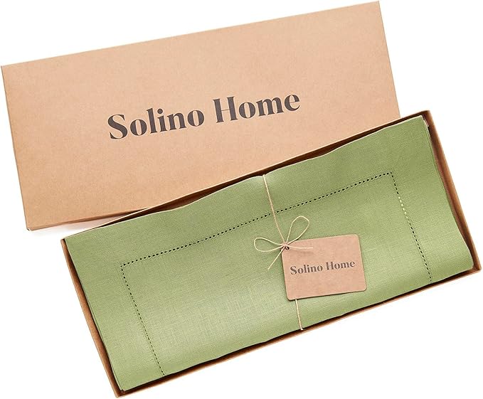 Solino Home Linen Table Runner 108 Inches Long - 100% Pure Linen Moss Green Table Runner 14 x 108 Inch for Fall, Autumn, Thanksgiving - Classic Hemstitch