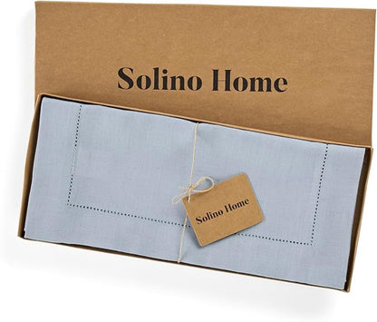 Solino Home Linen Table Runner 120 Inches Long - 100% Pure Linen Dusty Blue Table Runner 14 x 120 Inch for Fall, Autumn, Thanksgiving - Classic Hemstitch
