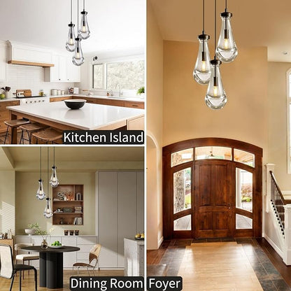 Bronze 3 Light Pendant Lighting, Raindrop Pendant Lights, Black Adjustable Hanging Rope Cluster Pendant Lighting Over Kitchen Island, Teardrop Glass Chandelier Dining Room Light Fixture