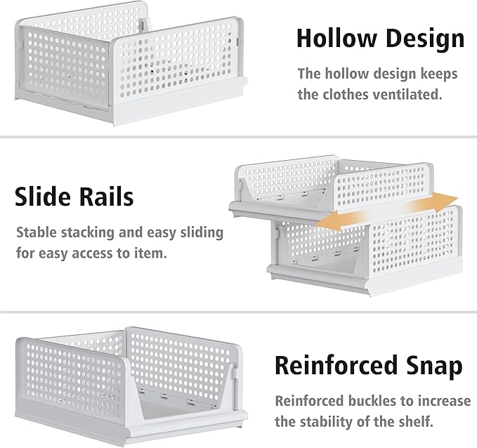 5 Pack Stackable Plastic Storage Basket Closet Organizer Bin Foldable Clothes Organizer Storage Drawer Shelf Container for Living Room Bathroom Kitchen Office (5L)