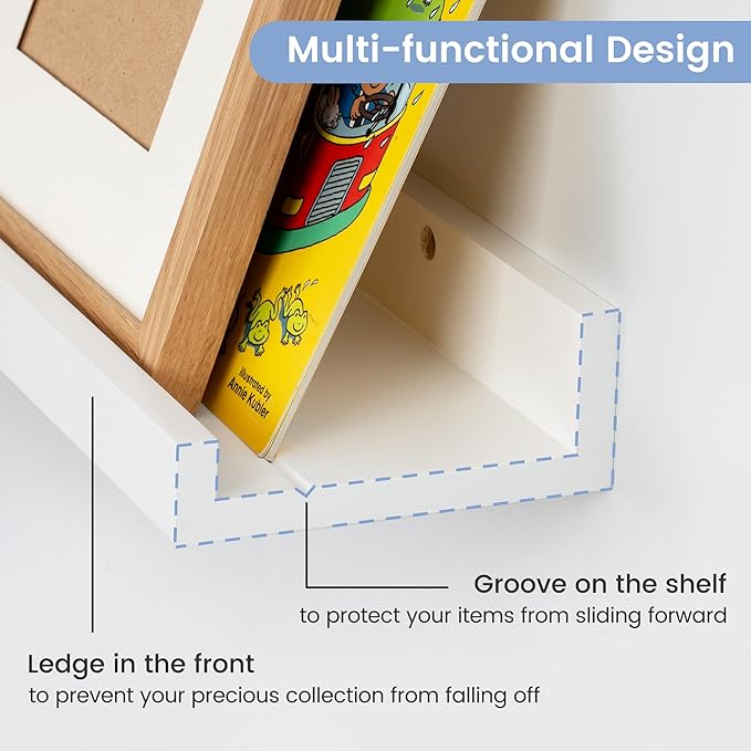 Picture Ledge Shelf for Wall, 24 inch Solid Pine Wood Nursery Book Shelves 2 Packs, Floating Ledge Shelves for Kids' Room Bedroom Bathroom Living Room Photo Frames Office Nursey Wall Decor, White