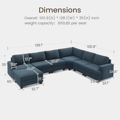 Nolany Modular Sectional Couch with Storage Ottoman, Corduroy Sectional Sofa with Chaise, U Shape Sectional Couches for Living Room, Blue