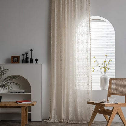 Sutuo Home Beige Boho Curtains for Living Room Bedroom,Bohemian Crochet Florals Embroidery Sheer Lace Handmade Tassels Vintage Rustic Window Treatment Country Drape Rod Pocket 1 Panel 59" W x 96" L