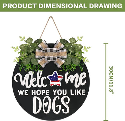Interchangeable Wooden Seasonal Welcome Sign, Rustic Round Dogs Sign Front Door Wreaths for Home/Wall/Porch Decor, for Easter Spring Summer Fall Halloween Christmas All Season Decorations