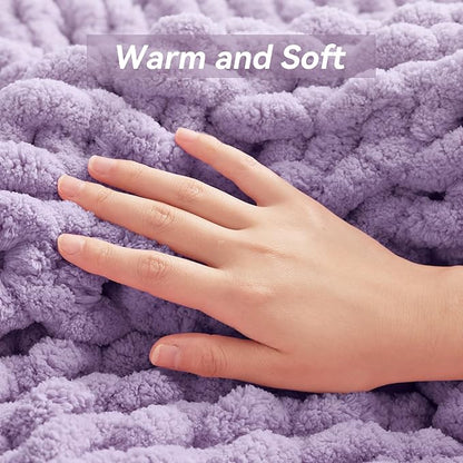 Chunky Knit Throw Blanket, 50''*60'' Knitted Throw Chenille Yarn for Bed Couch, Handmade Light Purple Crochet Big Thick Blanket, Machine Washable Cute Comfy Blanket for Home Decor