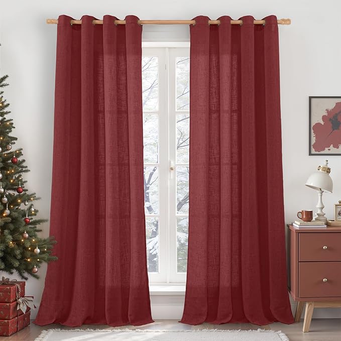 LAMIT Burgundy Red Sheer Linen Curtains 84 inch Length, Light Filtering Semi Sheer Panels Linen Textured Bronze Grommet Christmas Drapes for Living Room/Bedroom, 2 Panels, 52 x 84 Inch