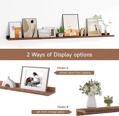 Floating Picture Ledge Shelves for Wall Set of 2, 55 Inches Picture Shelf with Ledge, Nursery Book Shelf for Toys Storage Kids Bookshelf Wall Mounted Living Room Bedroom Decor Frames, Walnut
