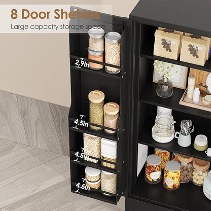 51" Kitchen Pantry Cabinet, Metal Storage Cabinet with 3 Adjustable Layer Shelves, 8 Door Shelves, Buffet Sideboard for Living Room, Kitchen, Black
