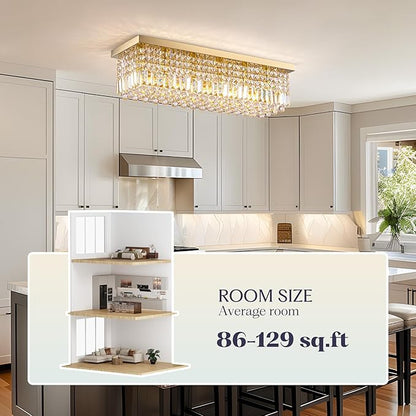Modern Crystal Chandelier, 6 Lights Luxury Gold Rectangular Flush Mount Ceiling Light, Dining Room Light Fixture, Rectangle K9 Crystal Raindrop Chandelier for Living Room Bedroom L31.5 Inch