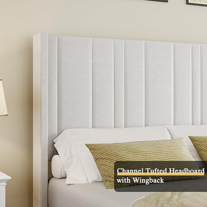HOMBCK Queen Bed Frame Upholstered Platform Bed with Vertical Channel Tufted Headboard & Footboard, Wingback Design/Noise Free/No Box Spring Needed/Easy Assembly, Cream