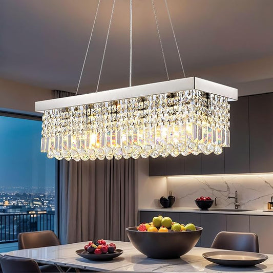 Modern Rectangular Crystal Chandeliers,8 Lights Rectangular Pendant Light Fixture,Adjustable Height K9 Crystal Chandelier for Dining Room L40''xW10''xH10''