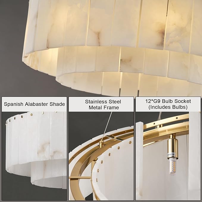 Alabaster Round Chandelier, D31in Modern Dining Room Chandeliers, Marble Pendant Lights Kitchen Island, Drum Chandelier for Dining Room Light Fixture, Living Room, Bedroom Lights, Foyer, Kitchen