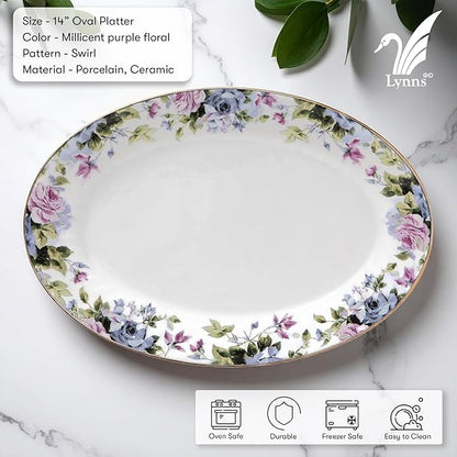 Lynns Paradise Millicent 14-Inch Oval Platter, Set of 2, Purple; Heavy Duty; Chip Resistant; Lead and Cadmium Free; Freezer to Oven Safe up to 500°F