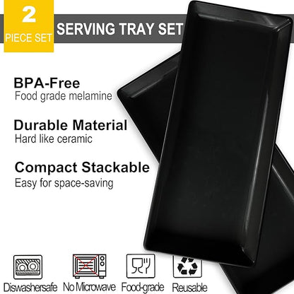 Long Melemine Serving Tray, 17.3x8x1.5 in Serving Platters and Trays for Appetizer, Charcuterie, Bread, Fruit, Dessert, Set of 2, Black