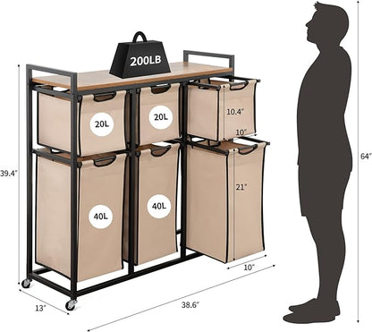 Laundry Basket Organizer, Hampers for Laundry 6 Compartments, Laundry Hamper with 6 Sliding Laundry Sorter Bags, Top Storage Shelf, and Metal Frame (6 Compartments)