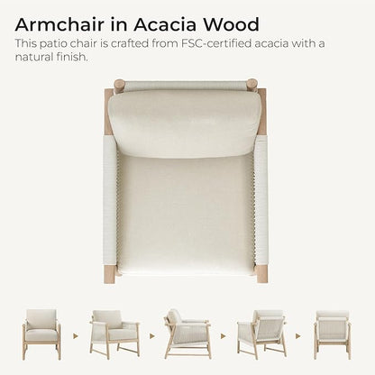 CHITA Boho Patio Rattan Chair Set of 2, Outdoor Wicker Chair with 7.1″ Thickened Cushions Acacia Wood Frame(Cream)