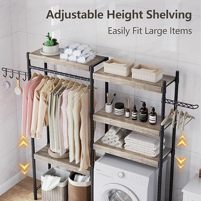 CABIHOME 5-Tier Over-The-Washer Shelf - Adjustable Height Laundry Organizer Space Saver, Double-Layer 100lb Shelves, 2 Hooks for Bathroom/Balcony (Grey & Black)