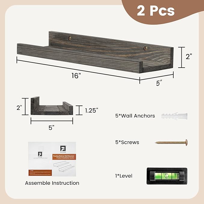 Picture Ledge Wall Shelves 16 inch Width Set of 2, Solid Pine Wood Rustic Floating Ledge Shelves for Wall for Kids' Room Bedroom Kitchen Bathroom Living Room Nursery Display Wall Decor, Grey