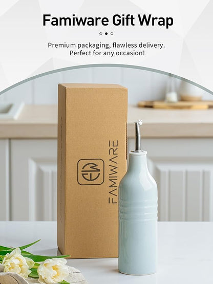 famiware Jupiter 16oz Ceramic Olive Oil Dispenser Bottle, 1 Piece Oil Dispenser for Kitchen with Stainless Steel Pourers, Suitable for Storage Vinegar, Soy Sauce, Coffee Syrup, Light Blue