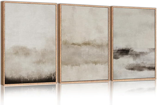 HPINUB Large Abstract Framed Canvas Wall Art Set,Minimalist Beige Gray Pastel Watercolor Wall Decor,Modern Illustration Neutral Art Painting for Living Room,Bedroom,Dining Room,Office -24"x36"x3