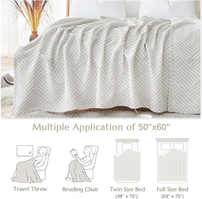 jinchan Boho 100% Cotton Blanket Muslin 50x60 Inches Lightweight 3-Layer Geometric Square Striped Pattern Reversible Quilt Throw Soft Breathable Comfy All Seasons for Couch Bed Decor, Light Grey