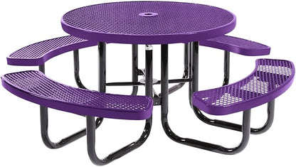 Heavy-Duty Portable Outdoor Picnic Table with Umbrella Hole, Expanded Metal Commercial-Grade Patio Dining Furniture Made in America (46" Round Top, Purple)
