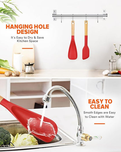 Cooking Spoon and Scraper for Nonstick Cookwares, Great for Cooking and Serving Durable BPA-Free Matte Silicone, Wood Handle Multifunction Spoon for Mixing, Scoop, and Scrape (RED)