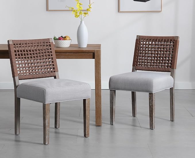 Kmax Farmhouse Dining Chairs Set of 2, Rustic Kitchen Chairs with Linen Fabric Seat and Woven Back, Vintage Accent Chairs for Dining Room, Living Room, Grey