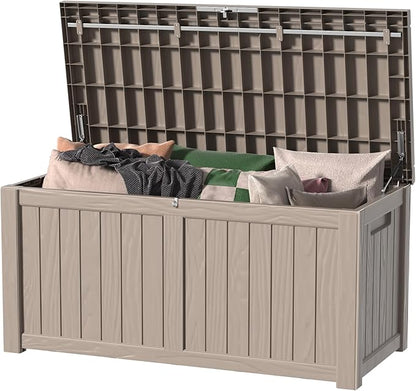 DRATO 120 Gallon Large Deck Box, Outdoor Storage Box for Patio Furniture, Patio Cushions, Gardening Tools, Pool Supplies,660lbs Weight Capacity,Waterproof Resin Storage Boxes