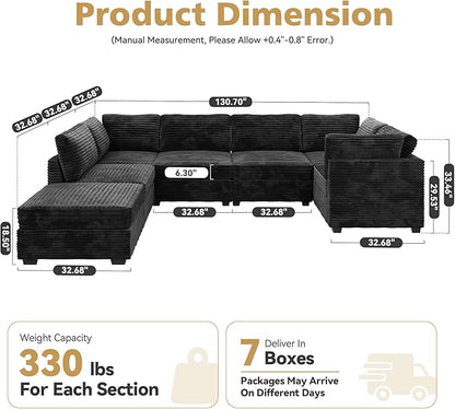 Modular Sectional Sofa with Chaise U Shaped Sectional Couch for Living Room, 7-Seater Comfy Cloud Couches with One Movable Ottoman, Plush Corduroy, Black
