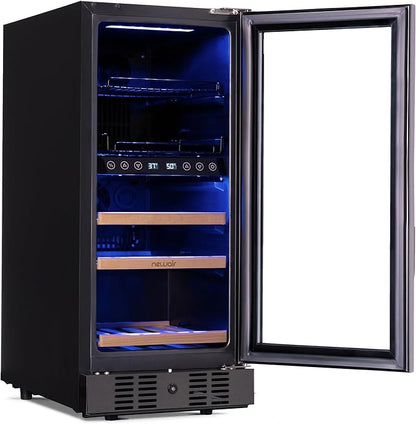 Newair 15" Wine and Beverage Refrigerator 9 Bottle and 48 Can Capacity, Beverage Cooler in Stainless Steel, Built-in or Freestanding Dual Zone Drink Fridge with Triple-Pane Glass Door