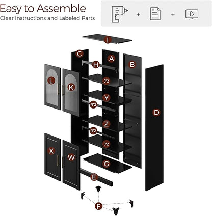 75" Tall Kitchen Pantry Cabinet, Metal Storage Cabinets with Acrylic Doors and Adjustable Shelves, Hutch Cabinet with Storage, Black Microwave Stand Cabinets for Dining Living Room