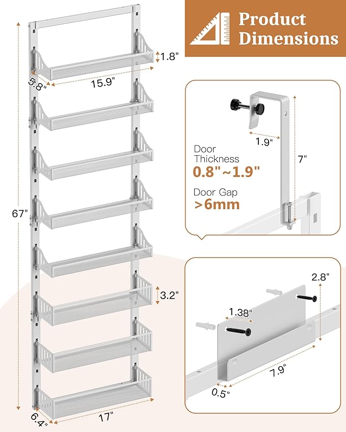 Over the Door Pantry Organizer 8-Tier, Large Metal Door Spice Rack with Adjustable Basket, 2 in 1 Wall Mount or Hanging Heavy-Duty Pantry Door Storage Shelf for Kitchen and Bathroom, White