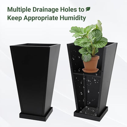 Tall Metal Planter 26" H - 2 Pack, Tall Planters with Removable Insert Shelve & Saucer Trays, Metal Outdoor Planters for Porch, Garden, Patio, Yard(Black)