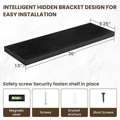 36 Inch Floating Shelves, 36"x9.25"x1.5" Inch Deep Floating Shelves for Wall, Wooden Shelves for Bathroom, Bedroom, Living Room, Black