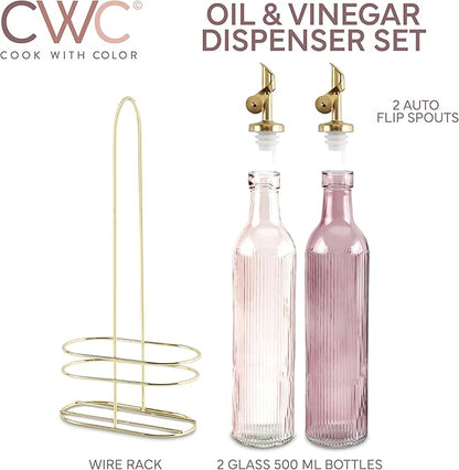 COOK WITH COLOR Glass Olive Oil Bottle Dispenser - 2 Pack- 17oz Oil and Vinegar Cruet - Olive Oil Carafe Decanter for Kitchen