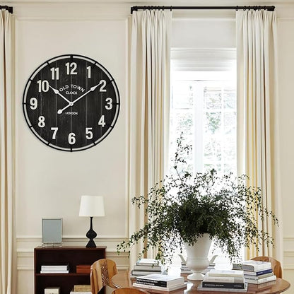 Large Old Town Farmhouse Wall Clock – 24 Inches Rustic Antique Wood with Metal Circle and Large Numerals, Silent Battery Operated Clock for Office, Kitchen, Bedroom, Living Room (Black)