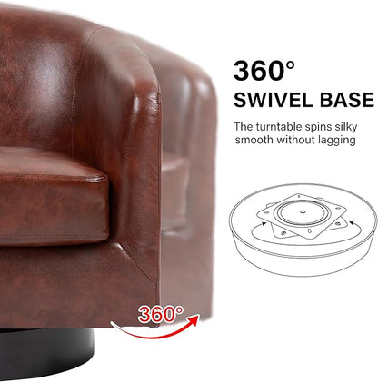 Swivel Barrel Accent Chair, Modern Round Faux Leather Arm Chair for Living Room, Bedroom, Comfy Club Reading Chairs for Adults(Faux Leather, Red Brown, Set of 2)