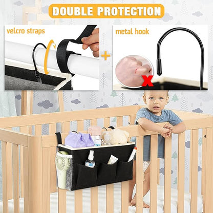Bedside Caddy Bedside Organizer Bedside Storage Caddy with Fixed Straps and Water Bottle Holder for Home College Dorm Bunk Bed Hospital Bed Crib Bed Rails (2pcs Black)