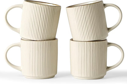 famiware Coffee Mug Set for 4, Star 12 oz Catering Mugs Cup Set with Handle for Coffee, Tea, Cocoa, Milk - Ceramic Stoneware Drinkware Set, White