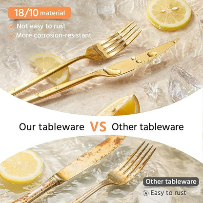 KINGSTONE Silverware Set, 40-Piece Flatware Set Cutlery Set Premium 18/10 Stainless Steel, Tableware Include Forks Knives Spoons for Home Kitchen Restaurant Wedding, Dishwasher Safe, Gold